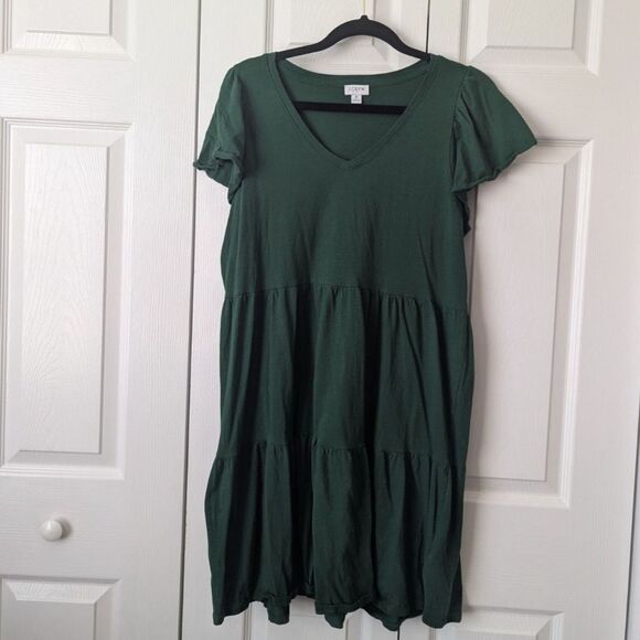 J. Crew Factory Tiered Knit Mini Dress Medium Fern Canyon Green 100% Cotton - Picture 2 of 5